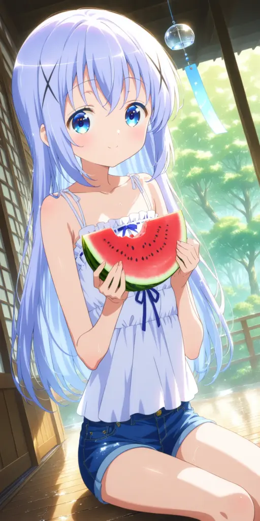 アニメ『ご注文はうさぎですか？』のキャラクター、香風智乃（かふう ちの）が、縁側でスイカを食べているイラスト。水色の髪の少女が、白いキャミソールとデニムのショートパンツ姿で座っている。背景には緑の木々と風鈴が見える。