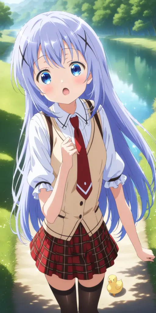 アニメ『ご注文はうさぎですか？』の香風智乃（かふう ちの）が、学校の制服姿で緑豊かな小川のほとりの小道を歩いているイラスト。足元には黄色いアヒルがついてきて、チノは少し驚いた表情でこちらを見ている。
