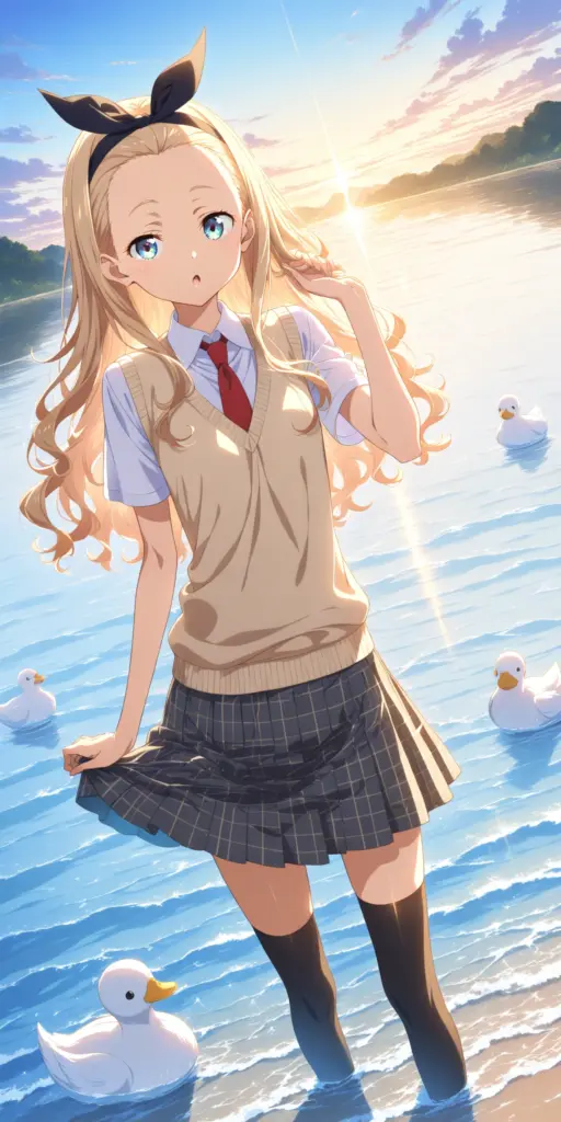 アニメ『リコリス・リコイル』のクルミが、制服姿で湖の浅瀬に立っているイラスト。金髪のロングヘアには大きな黒いリボンが結ばれている。彼女の周りには数羽の白いアヒルが泳いでおり、背景の朝日が水面を照らしている。