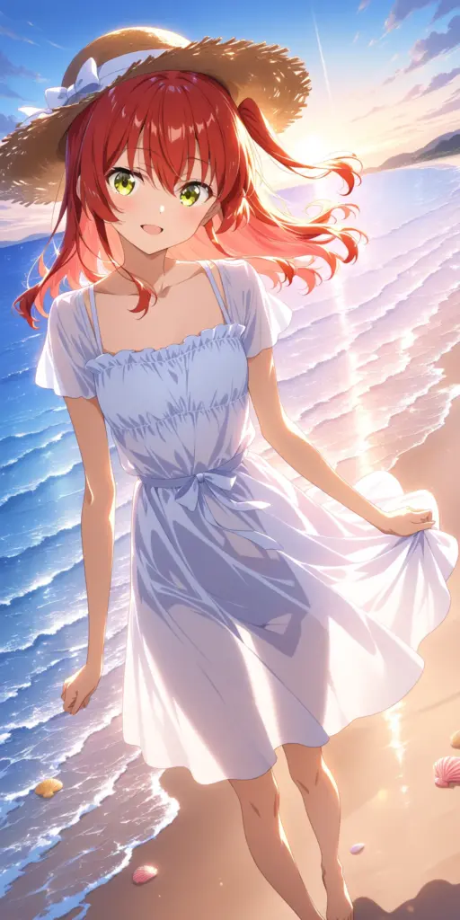 アニメ『ぼっち・ざ・ろっく！』の喜多郁代（きた いくよ）が、夏の砂浜を歩いているイラスト。赤い髪の彼女は、白いワンピースと麦わら帽子を身につけ、こちらに微笑みかけている。背景の太陽の光が、波打ち際にキラキラと反射している。