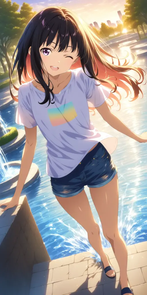 アニメ『リコリス・リコイル』の井ノ上たきな（いのうえ たきな）が、白いTシャツとデニムのショートパンツ姿で、夕焼け空の下の公園の水場に立っているイラスト。足元には水しぶきが上がっており、彼女は笑顔でウインクをしている。