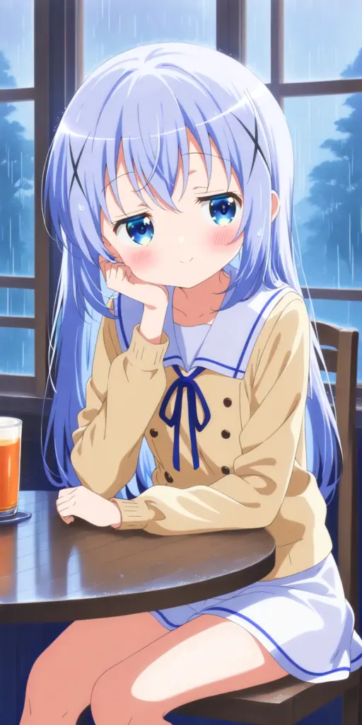 アニメ『ご注文はうさぎですか？』の香風智乃（チノ）が、雨の日の喫茶店で頬杖をついているファンアートイラスト。