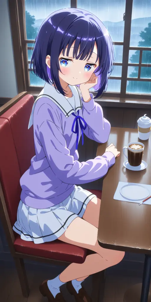 アニメ『ご注文はうさぎですか？』の風衣葉冬優（フユ）が、雨の日の喫茶店でゆったりと制服で頬杖をついているファンアートイラスト。