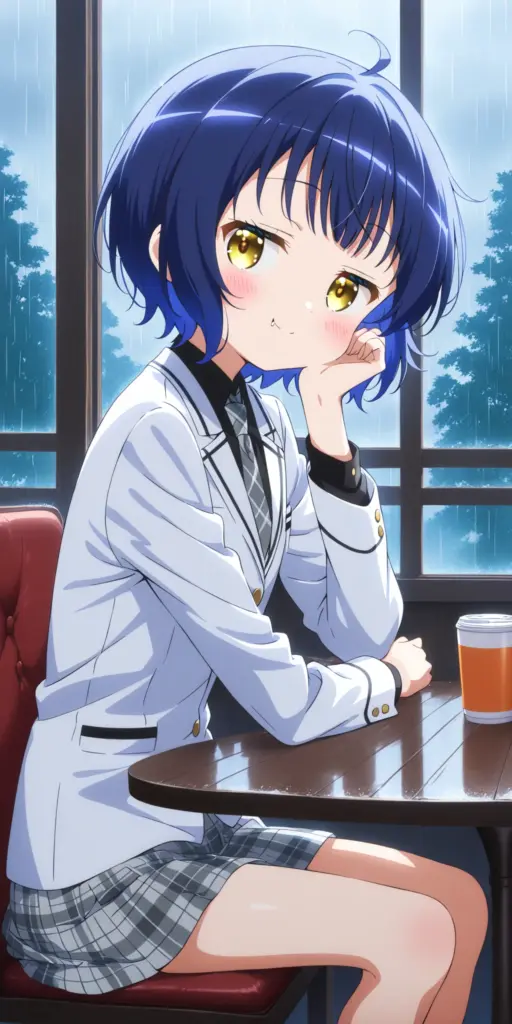 アニメ『ご注文はうさぎですか？』の条河麻耶（マヤ）が、雨の日の喫茶店で頬杖をつき、楽しそうに話しているファンアートイラスト。