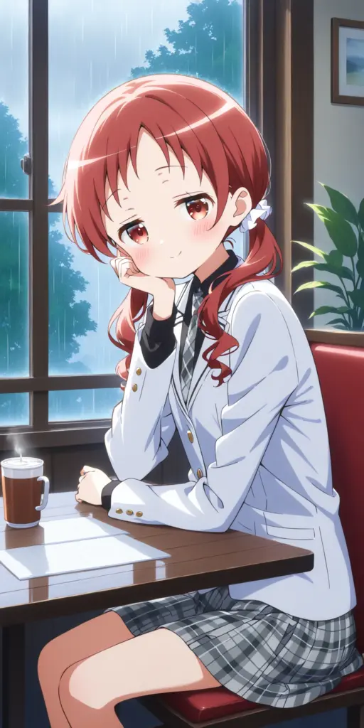 アニメ『ご注文はうさぎですか？』の奈津恵（メグ）が、雨の日の喫茶店で頬杖をつき、穏やかに微笑んでいるファンアートイラスト。