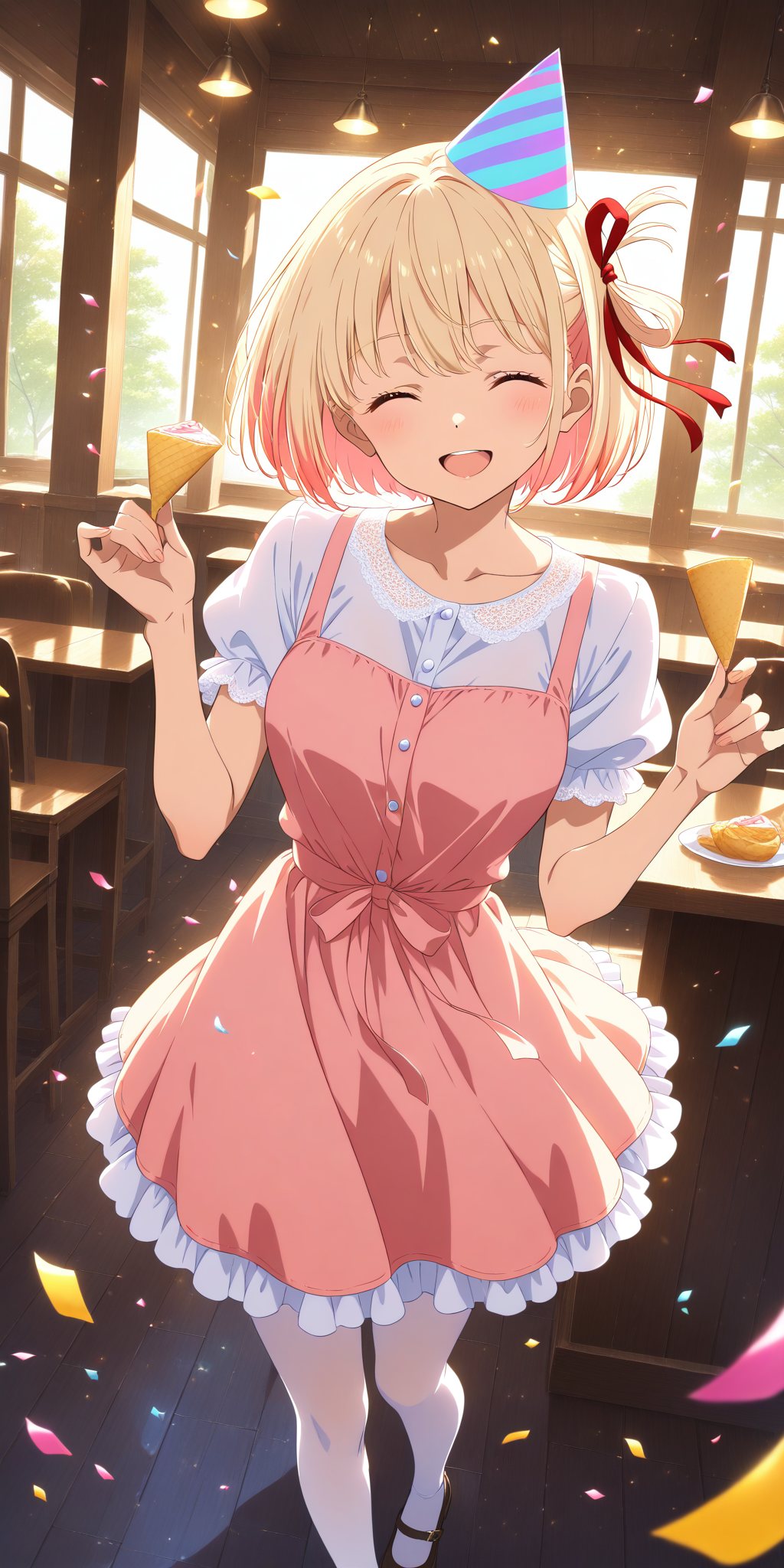リコリコの錦木千束が、誕生日の三角帽子をかぶりクラッカーを持ち、紙吹雪の中で笑顔を見せるファンアートイラスト。「錦木千束生誕祭2025」の挿絵。