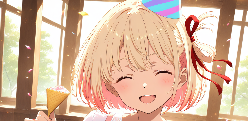 リコリス・リコイルの錦木千束が、誕生日の三角帽子をかぶりクラッカーを持つ、紙吹雪の中の笑顔のアップ。錦木千束生誕祭2025のアイキャッチ画像。