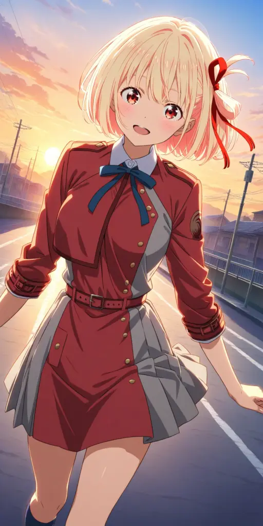 **リコリコSS**のワンシーン、アニメ『リコリス・リコイル』の錦木千束が、制服姿で夕暮れの道路で駆け寄り、微笑んでいるファンアートイラスト。`
