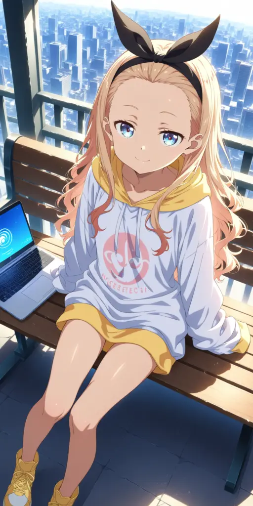 **リコリコSS**のワンシーン、アニメ『リコリス・リコイル』のクルミが、パーカー姿でビルの屋上でPCを横に、微笑んでいるファンアートイラスト。