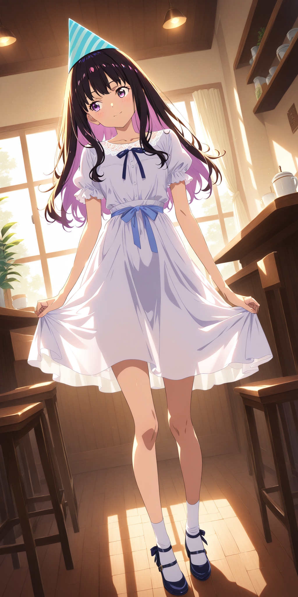 リコリコの井ノ上たきなが、誕生日の三角帽子をかぶり、少し困ったように目を背けているファンアートイラスト。「錦木千束生誕祭2025」の挿絵。