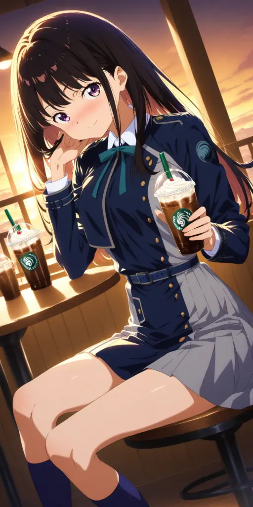 **リコリコSS**のワンシーン、アニメ『リコリス・リコイル』の井ノ上たきなが、制服姿で夕暮れのカフェでコーヒーを渡しながら、照れ微笑んでいるファンアートイラスト。`