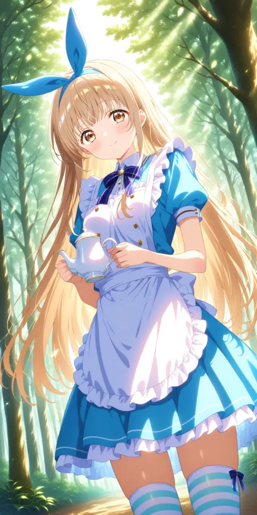 お隣の天使様SS「不思議の国と真昼のアリス」のファンアートイラスト。白いエプロンドレス姿の椎名真昼が少し微笑み、ティーカップを持つ白うさぎを追いかける様子を描いたファンタジーアート。