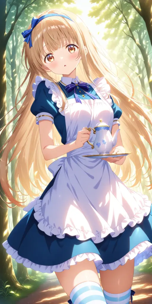 お隣の天使様SS「不思議の国と真昼のアリス」のファンアートイラスト。白いエプロンドレス姿の椎名真昼が少し驚き、ティーカップを持つ白うさぎを追いかける様子を描いたファンタジーアート。