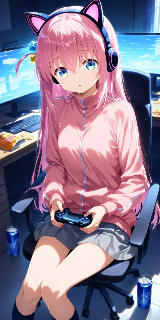 『ぼっち・ざ・ろっく！』の後藤ひとりが、レースゲームの薄暗いモニターの前に座っているファンアートイラスト。「ぼざろSS 結束グランプリ」より。