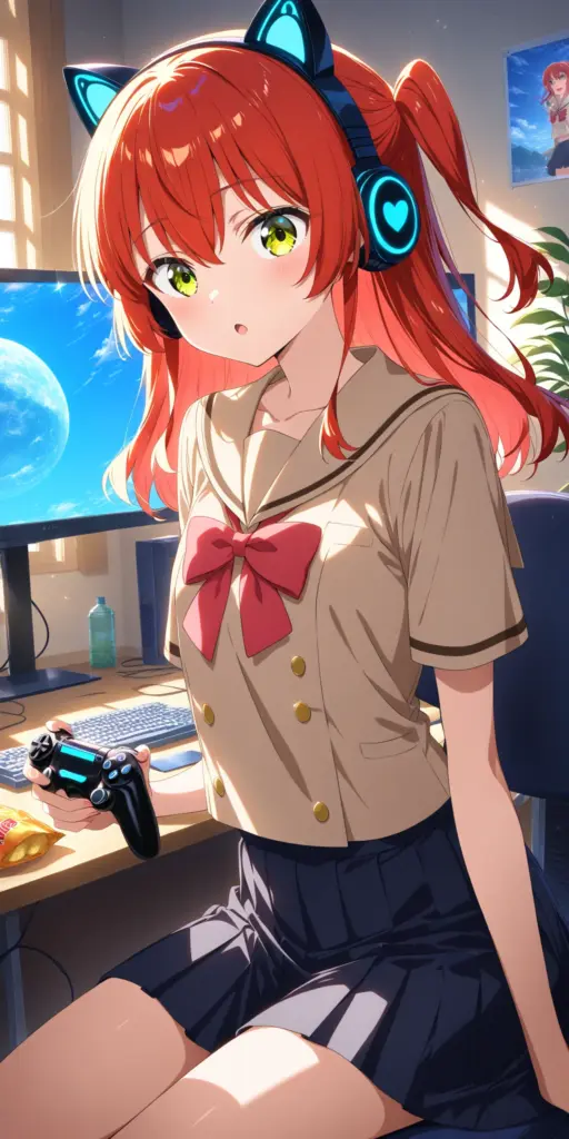 『ぼっち・ざ・ろっく！』の喜多郁代が、レースゲームのモニターの前に座っているファンアートイラスト。「ぼざろSS 結束グランプリ」より。