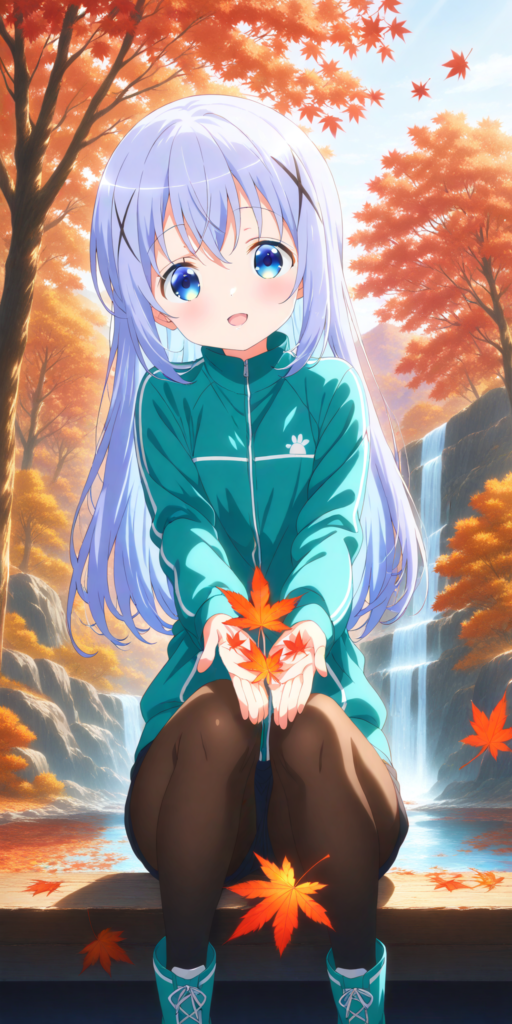 アニメ『ご注文はううさぎですか?』のチノちゃんが、秋の紅葉に染まる山道で座って楓を見せているファンアートSSの挿絵。
