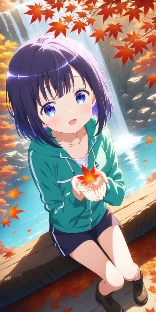 アニメ『ご注文はううさぎですか?』のフユちゃんが、秋の紅葉に染まる山道で座って楓を見せているファンアートSSの挿絵。