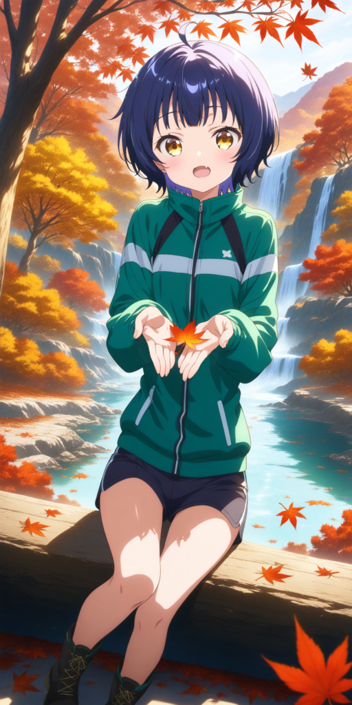 アニメ『ご注文はううさぎですか?』のマヤちゃんが、秋の紅葉に染まる山道で座って楓を見せているファンアートSSの挿絵。