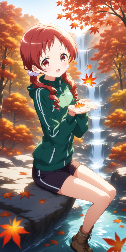アニメ『ご注文はううさぎですか?』のメグちゃんが、秋の紅葉に染まる山道で座って楓を見せているファンアートSSの挿絵。