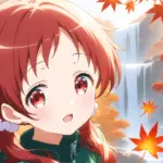 アニメ『ご注文はううさぎですか？』のメグちゃんが、秋の紅葉に染まる山道で座って楓を見せているファンアートSSのアイキャッチ画像。