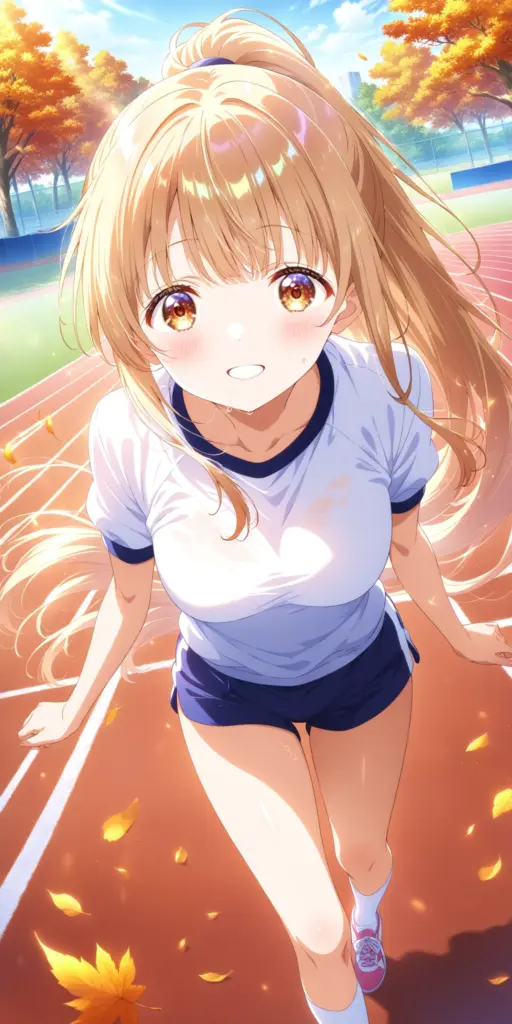 アニメ『お隣の天使様にいつの間にか駄目人間にされていた件』の椎名真昼が、体操着姿で運動会に臨むファンアートSSの挿絵,ポニーテール姿。「私が完璧を脱いだ日」の物語を象徴する一枚。