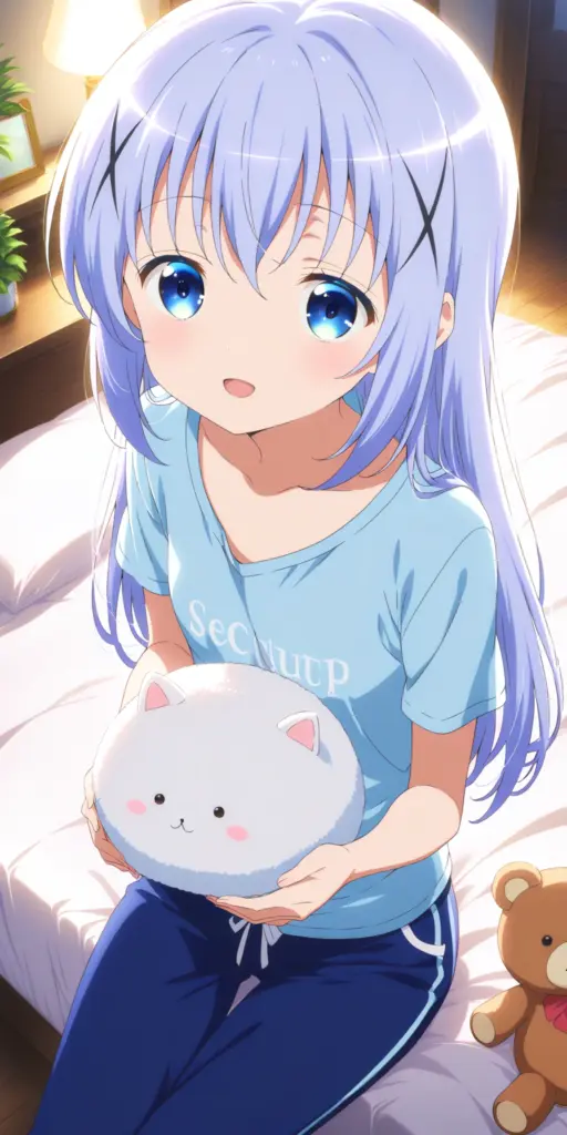 ごちうさSS「秋のお泊まり会」のファンアート挿絵。パジャマ姿のチノが、ベッドの上でティッピーを抱え、こちらを見ている様子。