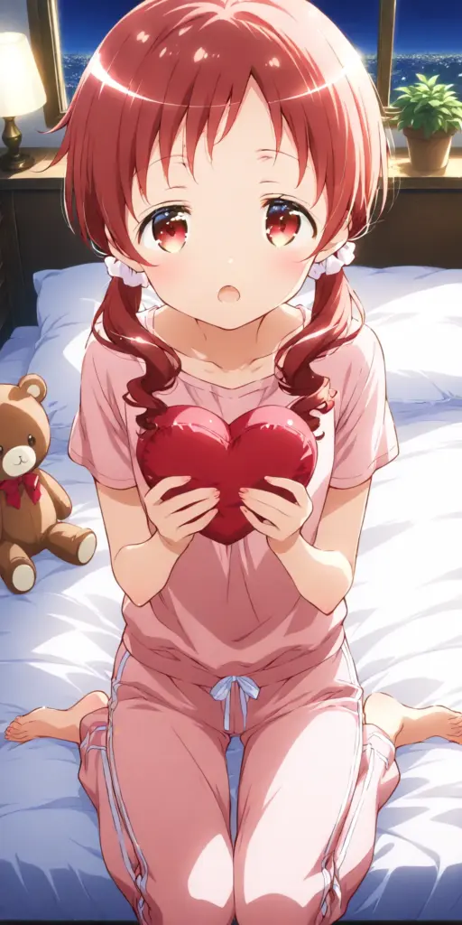 ごちうさSS「秋のお泊まり会」のファンアート挿絵。ピンクのパジャマ姿のメグが、ベッドの上で正座し、赤いハート型のクッションを胸の前で持って、こちらを上目遣いで見ている様子。