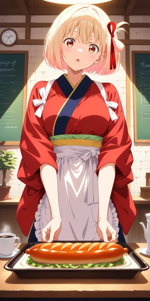 リコリコSS「冬の経費削減大作戦」のファンアート挿絵。喫茶リコリコの制服を着た錦木千束が、たきなの作った問題作「エコソーセージパン」をトレーに乗せ、少し照れたような表情で見せている様子。