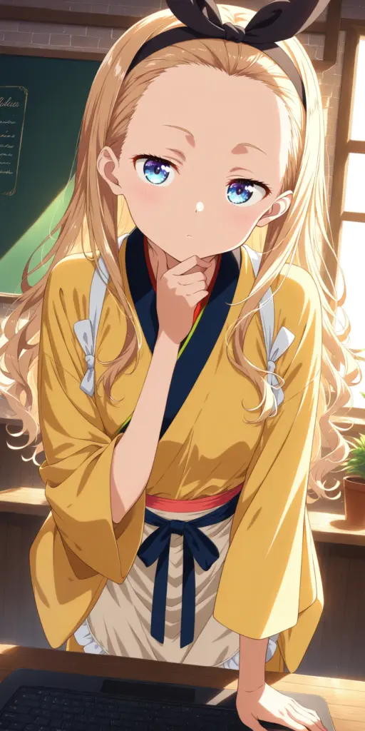 リコリコSS「冬の経費削減大作戦」のファンアート挿絵。喫茶リコリコの制服を着たクルミが、キーボードの前で顎に手を当て、たきなの奇行に呆れつつも経費問題を解決しようと（または解決した後の）様子。