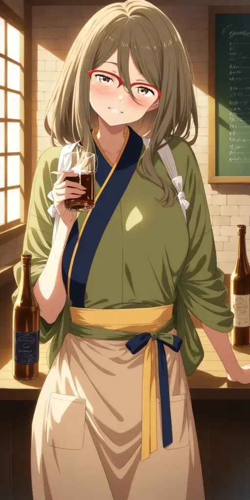 リコリコSS「冬の経費削減大作戦」のエピローグを描いたファンアート挿絵。喫茶リコリコの制服を着たミズキが、カウンターでグラス（ビール？）を片手に、ほろ酔い加減で優しく微笑んでいる様子。