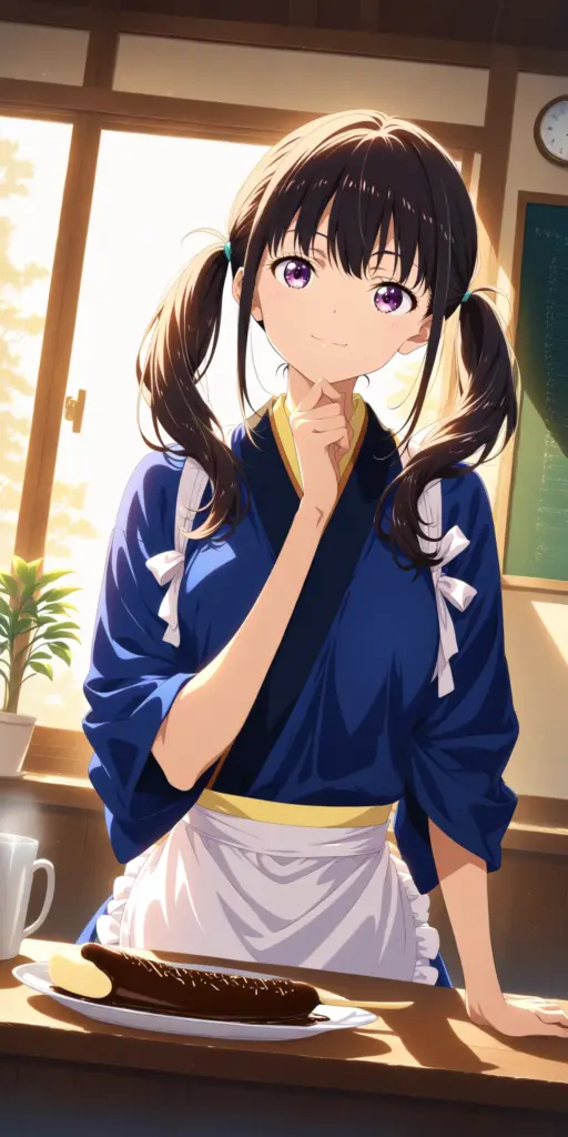 リコリコSS「冬の経費削減大作戦」のファンアート挿絵。喫茶リコリコの制服を着た井ノ上たきなが、問題作「チョコバナナ・リコイル」を前に、顎に手を当てて自信満々に微笑んでいる様子。