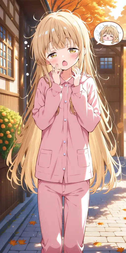 お隣の天使様SSのクライマックスシーン挿絵。街中で自分がパジャマ姿であることに気づき、顔を真っ赤にして口元を押さえ、パニックになっている椎名真昼。