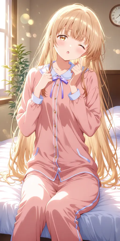 お隣の天使様SS「朝のパジャマ事件」のファンアート挿絵。ピンクのパジャマ姿の椎名真昼が、ベッドの上で目をこすりながら寝ぼけている、朝のぼんやりとした様子。