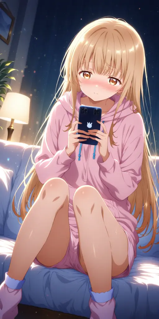 お隣の天使様SSのエピローグ挿絵。部屋に戻った椎名真昼が、ソファでスマホを見ながら、自分のパジャマ姿がSNSでトレンド入りしているのを知り、顔を赤らめている様子。