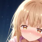 お隣の天使様SSのエピローグ挿絵。部屋に戻った椎名真昼が、ソファでスマホを見ながら、自分のパジャマ姿がSNSでトレンド入りしているのを知り、顔を赤らめている様子のアイキャッチ画像。