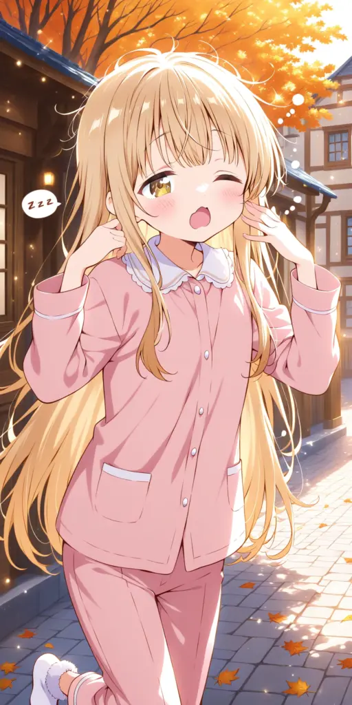 お隣の天使様SSの挿絵。椎名真昼が寝ぼけてパジャマのまま外出し、紅葉が舞う秋の並木道を無防備に歩いている様子。