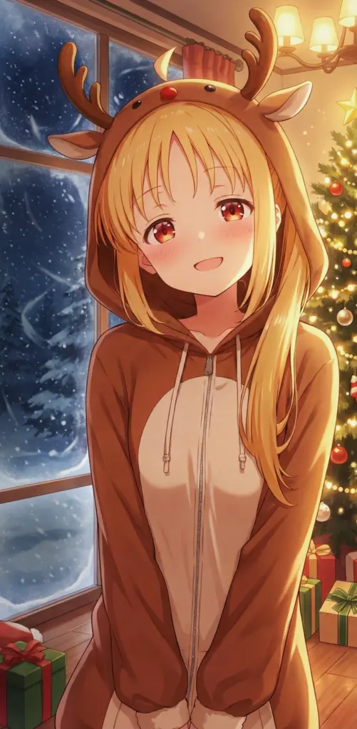 アニメ『ぼっち・ざ・ろっく！』の伊地知虹夏が、トナカイのフード付きパーカー（着ぐるみパジャマ）を着て、室内で笑顔を見せているクリスマスファンアートイラスト。