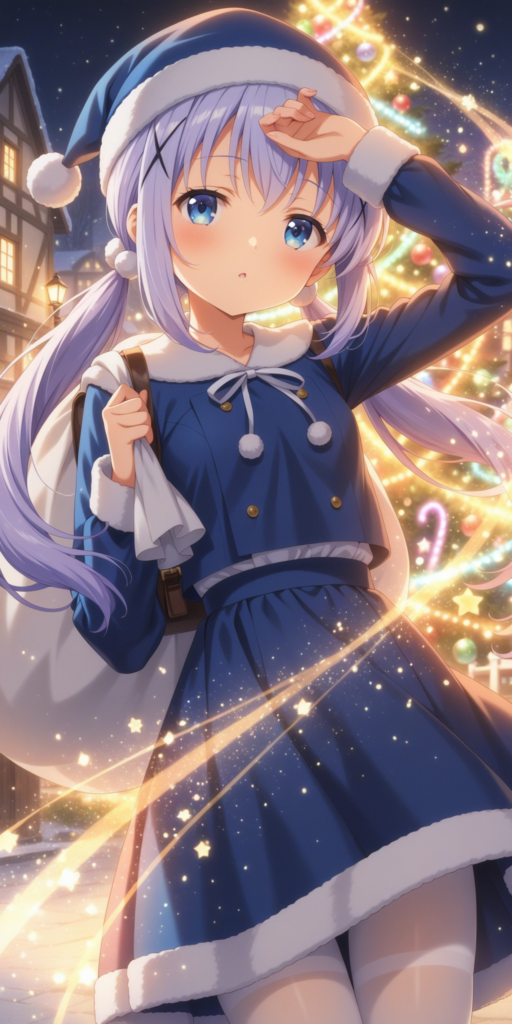 アニメ『ご注文はうさぎですか？』のチノ（香風智乃）が、青いサンタクロースの衣装を着てイルミネーションの下に立つクリスマスファンアートイラスト。