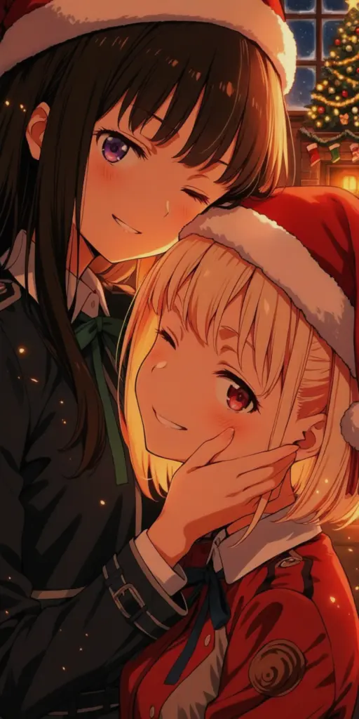 アニメ『リコリス・リコイル』の錦木千束と井ノ上たきなが、サンタ帽子を被り、頬を寄せ合って幸せそうに笑っているクリスマスのファンアートイラスト。