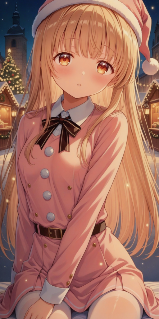 アニメ『お隣の天使様にいつの間にか駄目人間にされていた件』の椎名真昼が、ピンク色のサンタ風コートを着て雪の中に佇むファンアートイラスト