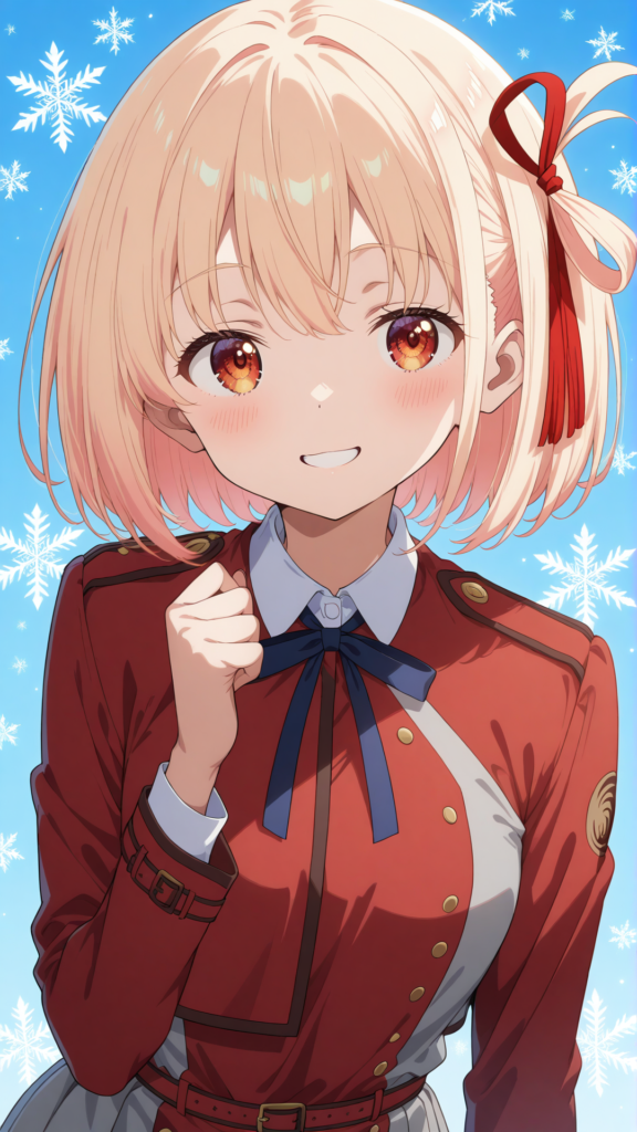 明るく微笑む錦木千束のリコリス制服姿