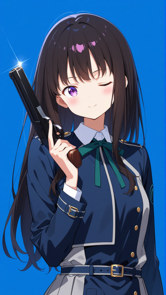 拳銃を手にウインクする井ノ上たきなのリコリス制服姿