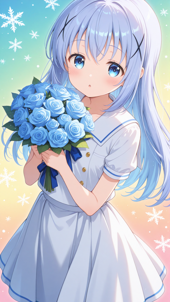 青いバラの花束を抱えるごちうさのチノのイラスト