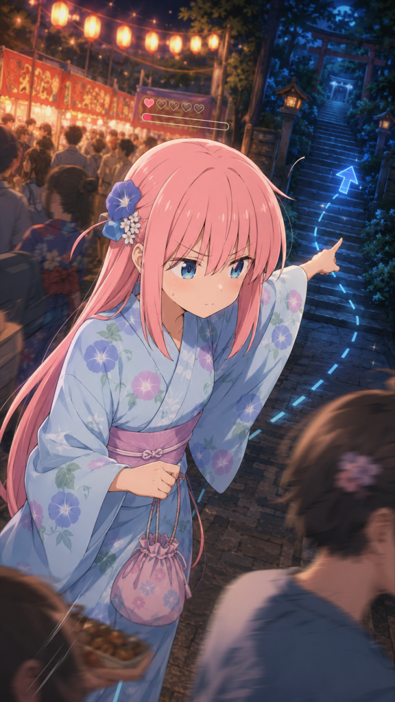 混雑した夏祭り会場で、淡い水色の浴衣を着て、人の少ない神社の石段を真剣な表情で指差す後藤ひとり