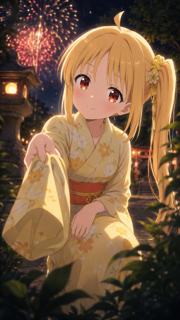 花火が上がる夜の神社で、黄色い浴衣姿の伊地知虹夏が茂みの中へ優しく袖を差し出している