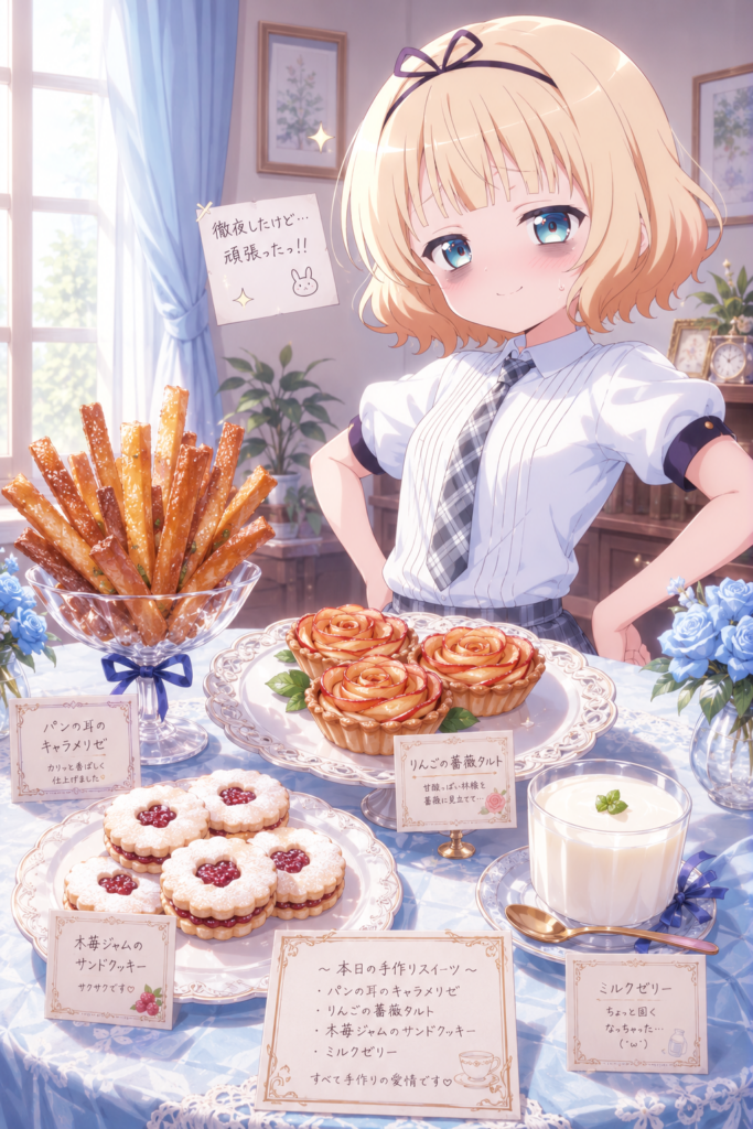 シャロが徹夜で作った手作りお菓子（パンの耳のキャラメリゼやリンゴタルト）