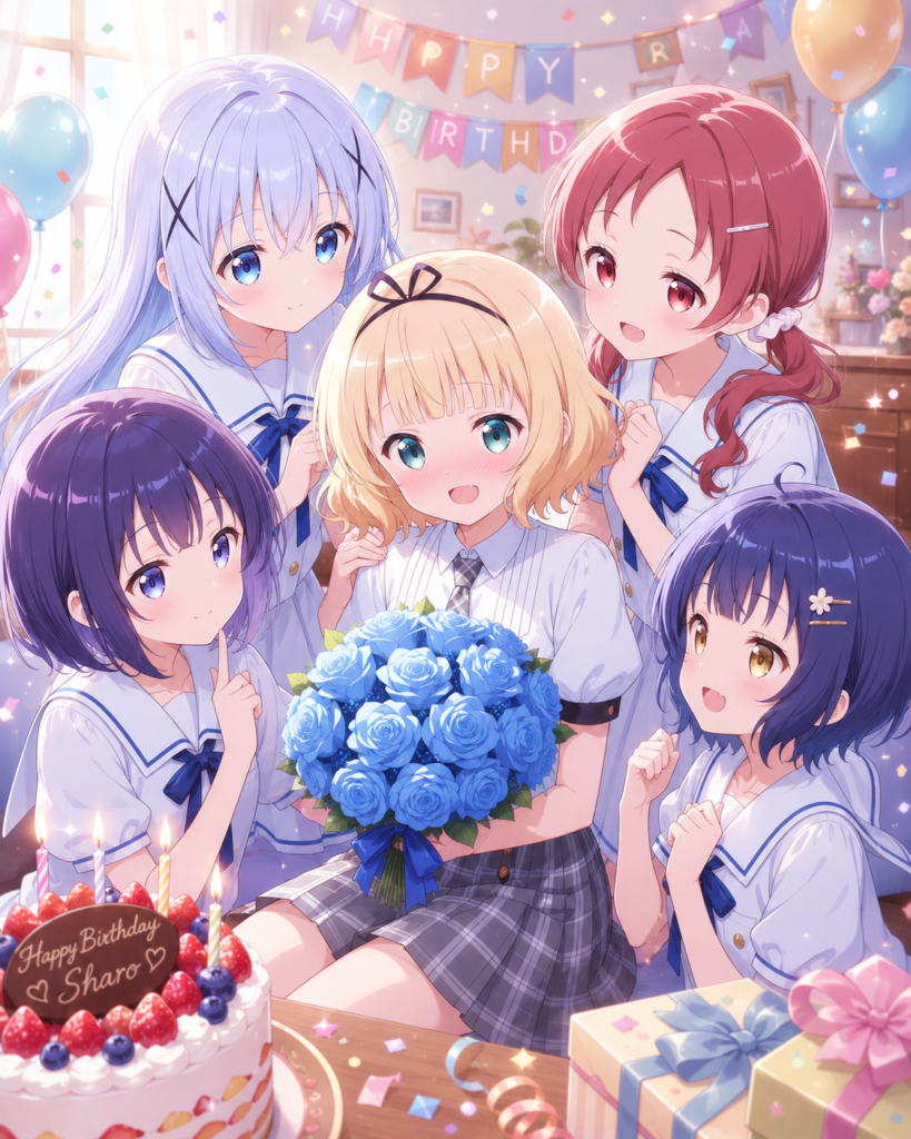 青いバラの花束を贈られて誕生日をお祝いされるシャロと一同のイラスト
