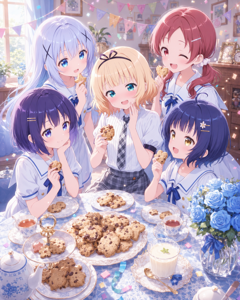 手作りクッキーを囲んで楽しそうに談笑するごちうさメンバーのイラスト