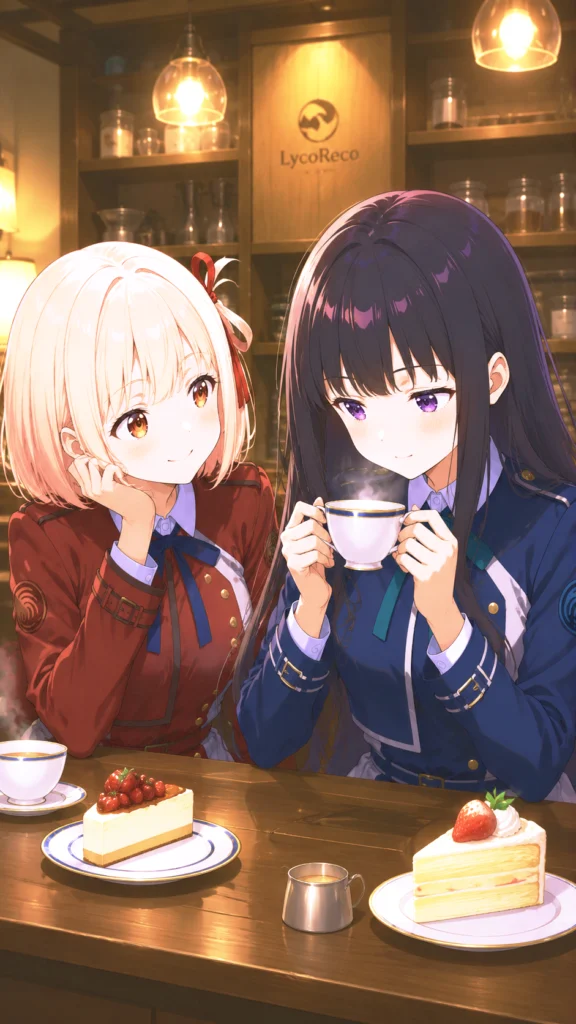 喫茶リコリコで紅茶とケーキを楽しみ、不器用な笑顔を見せるたきなと見守る千束