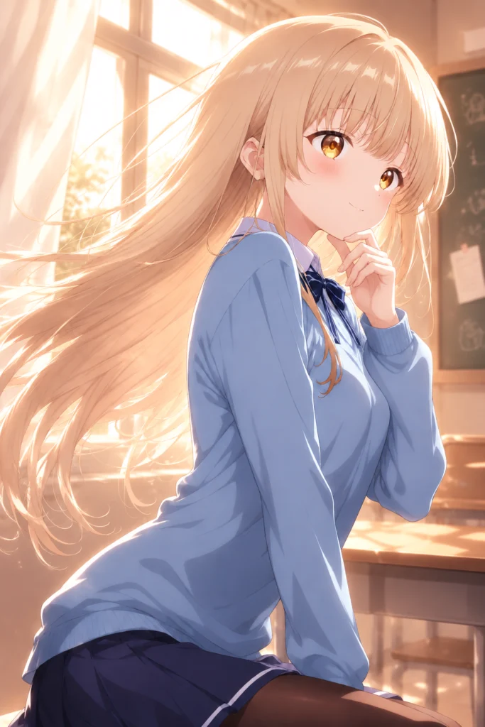 『お隣の天使様』椎名真昼のイラスト。放課後の夕日が差し込む教室で、頬を赤らめて顎に手を添え、少し照れたように振り返る彼女の姿。風に揺れる金髪が美しい。